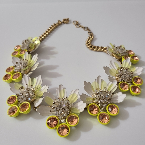 J.Crew Rare Daisy Brulee Necklace 3D Rhinestones Crystals Neon Yellow Gold Heavy - Picture 1 of 15